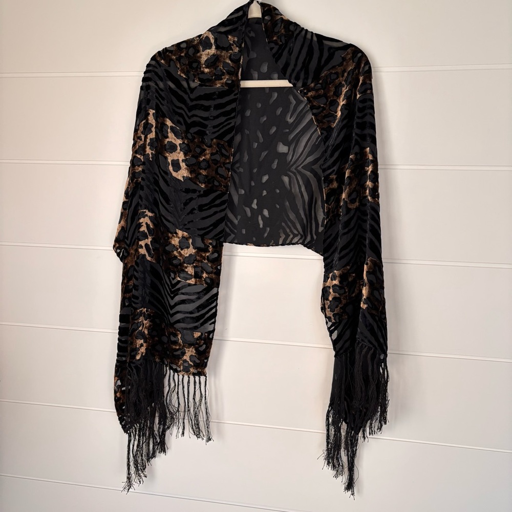 Chico's Black and Gold Velvet Animal Print Sheer Shawl with Fringe
